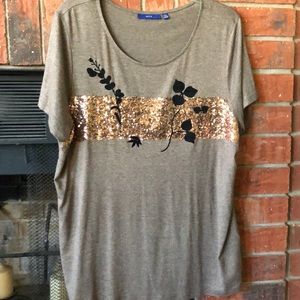 Dressy top w scoop neck/bronze sequin/Bk felt art